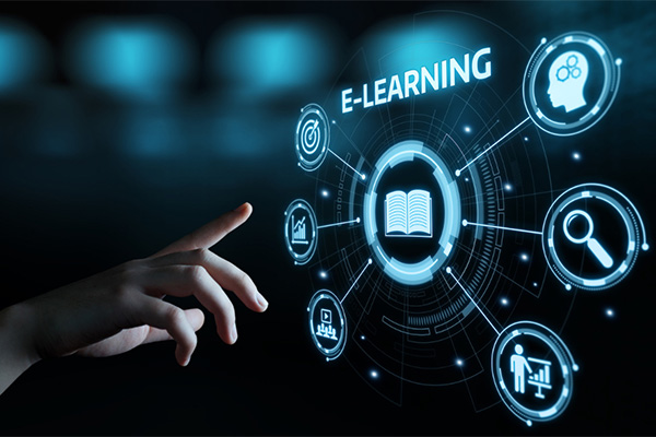 A hand pointed toward selecting from a diagram of e-learning options