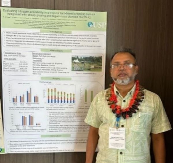 Man in front of a poster.