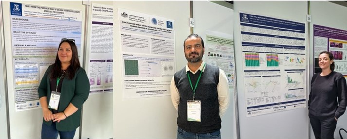 3 images next to each other of Drs Razlin Azman, Waseem Ashfaq and Elena Colombi standing next to poster presentations