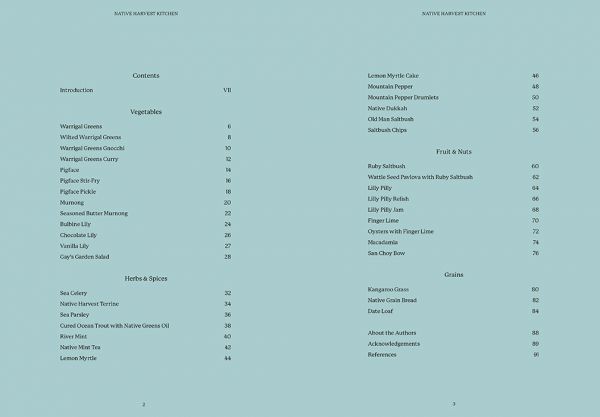 Contents page of Native Harvest Kitchen cookbook