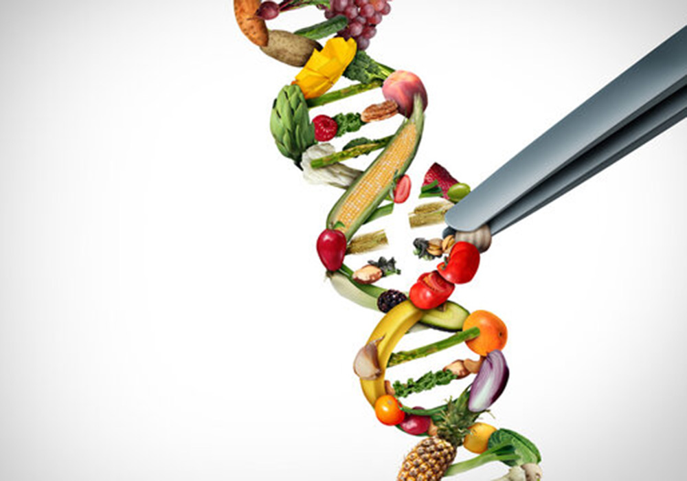 A strand of DNA made of fruits and vegetables