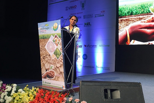 Dr Sajitha Biju standing behind a lectern on stage, presenting at 5th Inter-Drought Conference (Inter-Drought-V)