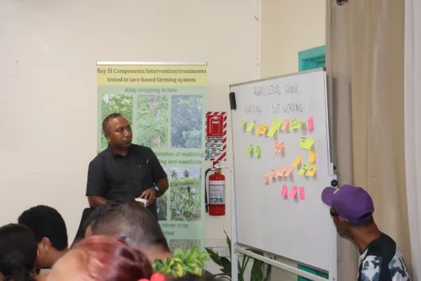 Man presenting at a whiteboard with sticky-notes.
